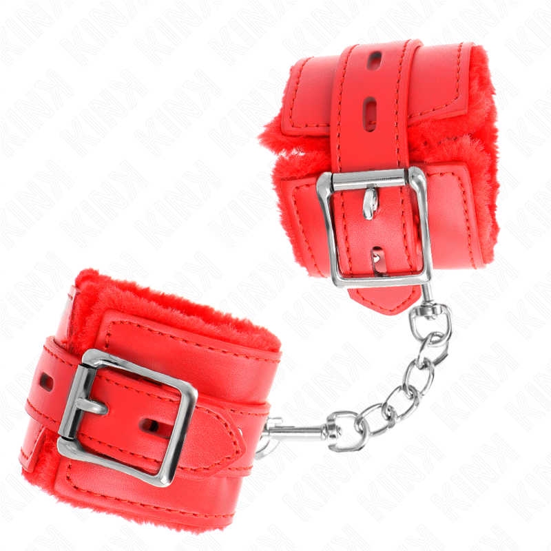 KINK - FUR LINED WRIST RESTRAINTS WITH SQUARE HOLES RED AND RED BELT ADJUSTABLE 17-29 CM X 6 CM - 2