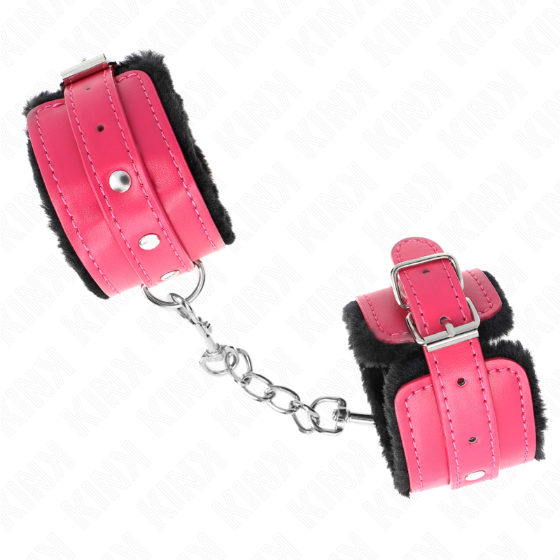 KINK - PREMIUM FUR LINED WRIST RESTRAINTS BLACK WITH RASPBERRY ROSE BELT ADJUSTABLE 17-29 CM X 6 CM - 2