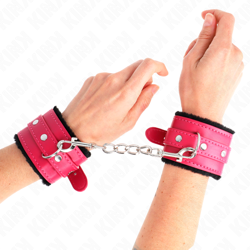 KINK - PREMIUM FUR LINED WRIST RESTRAINTS BLACK WITH RASPBERRY ROSE BELT ADJUSTABLE 17-29 CM X 6 CM - 4