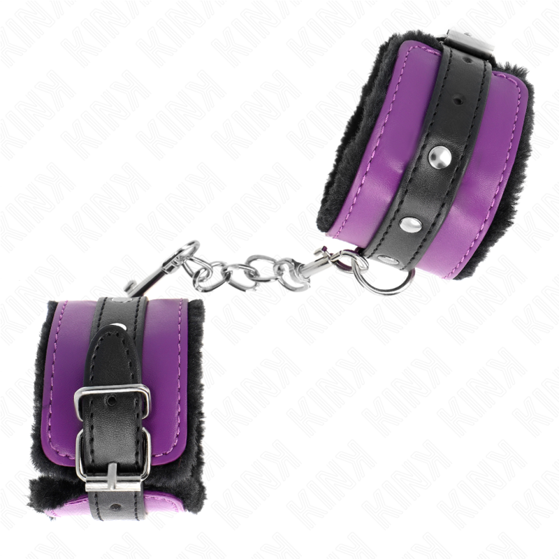 KINK - PREMIUM FUR LINED WRIST RESTRAINTS BLACK WITH PURPLE / BLACK BELT ADJUSTABLE 17-29 CM X 6 CM - 2