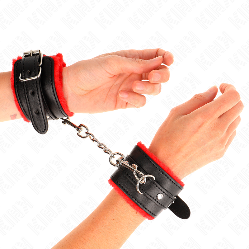 KINK - PREMIUM FUR LINED WRIST RESTRAINTS RED WITH BLACK BELT ADJUSTABLE 17-29 CM X 6 CM - 3