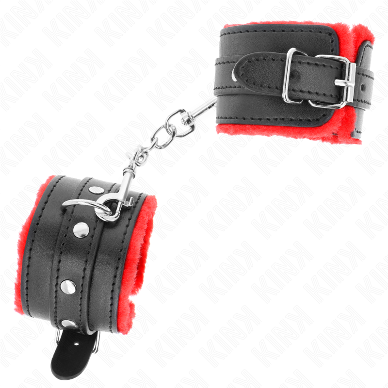 KINK - PREMIUM FUR LINED WRIST RESTRAINTS RED WITH BLACK BELT ADJUSTABLE 17-29 CM X 6 CM - 2