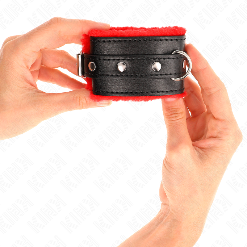 KINK - PREMIUM FUR LINED WRIST RESTRAINTS RED WITH BLACK BELT ADJUSTABLE 17-29 CM X 6 CM - 4