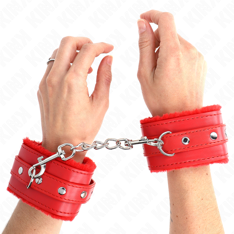 KINK - PREMIUM FUR LINED WRIST RESTRAINTS RED WITH RED BELT ADJUSTABLE 17-29 CM X 6 CM - 4