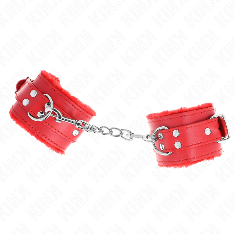 KINK - FUR LINED WRIST RESTRAINTS RED WITH RED BELT ADJUSTABLE 17-29 CM X 6 CM - 2