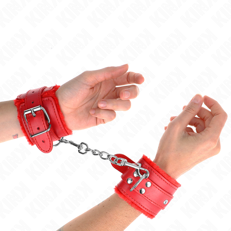 KINK - FUR LINED WRIST RESTRAINTS RED WITH RED BELT ADJUSTABLE 17-29 CM X 6 CM - 3