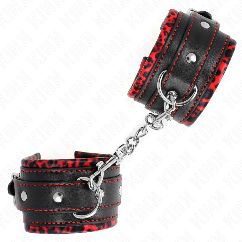 KINK - ATTACHES DE POIGNET DOUBLÉES DE FOURRURE ROUGE / NOIR RÉGLABLES 17-29 CM X 6 CM