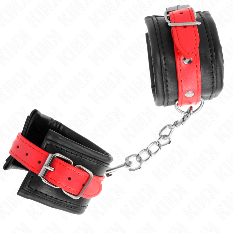 KINK - ATTACHES DE POIGNET NOIRES AVEC CEINTURE ROUGE RÉGLABLES 17-28 CM X 6 CM