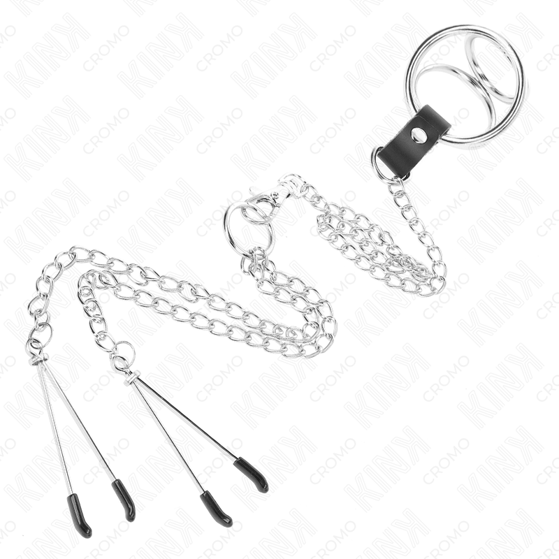 KINK - ANNEAU PÉNIS EN MÉTAL TRIPLE CHROME DE 3 CM À 4,5 CM AVEC CHAÎNE EN MÉTAL DE 26 CM ET PINCES À TÉTONS