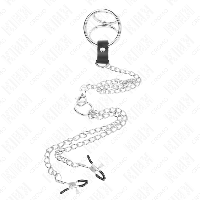 KINK - ANNEAU PÉNIS EN MÉTAL TRIPLE CHROME 3,8 CM À 5 CM AVEC CHAÎNE MÉTALLIQUE DE 26 CM ET PINCES À TÉTONS MODÈLE 1