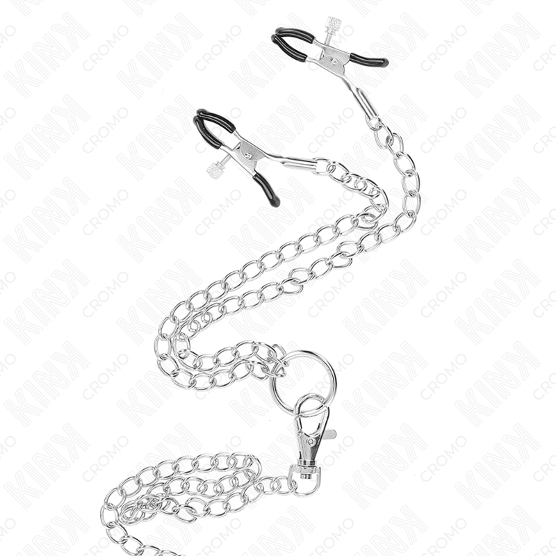 KINK - ANNEAU PÉNIS EN MÉTAL TRIPLE CHROME DE 3 CM À 4,5 CM AVEC CHAÎNE EN MÉTAL DE 26 CM ET PINCES À TÉTONS