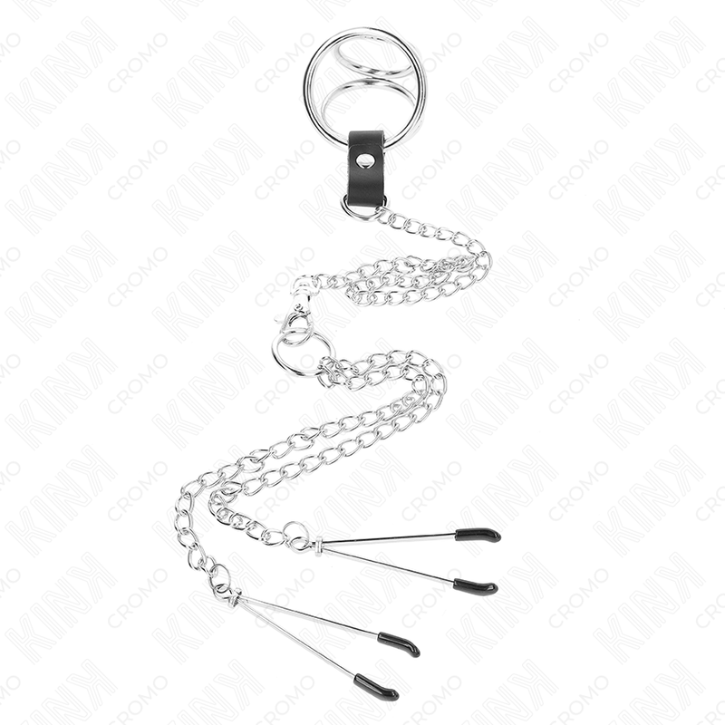 KINK - ANNEAU PÉNIS EN MÉTAL TRIPLE CHROME 3,8 CM À 5 CM AVEC CHAÎNE MÉTALLIQUE DE 26 CM ET PINCES À TÉTONS MODÈLE 2