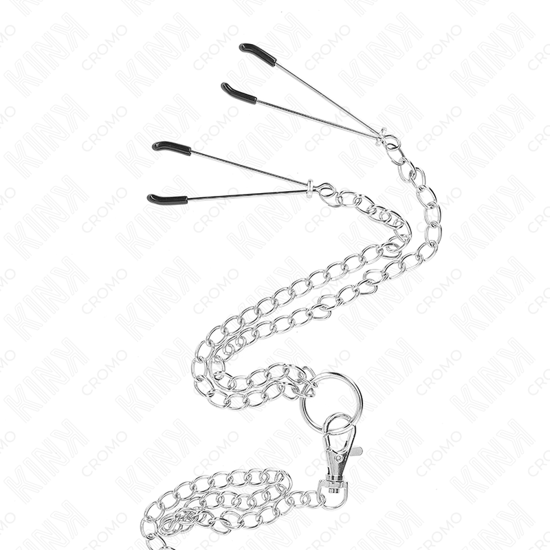 KINK - ANNEAU PÉNIS EN MÉTAL TRIPLE CHROME 3,8 CM À 5 CM AVEC CHAÎNE MÉTALLIQUE DE 26 CM ET PINCES À TÉTONS MODÈLE 2