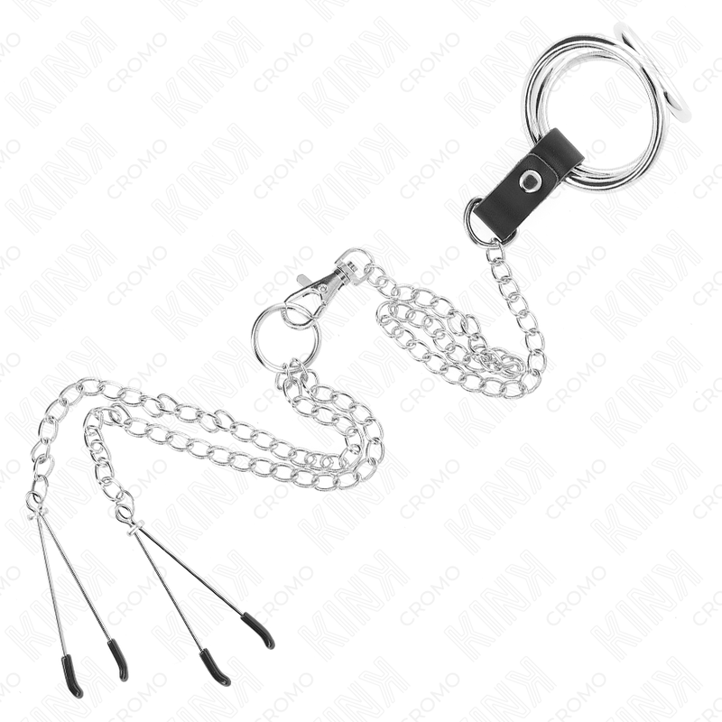 KINK - 3.8CM - 5CM TRIPLE CHROME METAL COCK RING, 26CM METAL CHAIN & NIPPLE CLAMPS MOD. 2