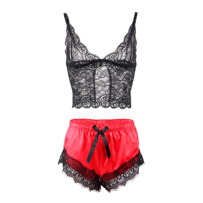 SUBBLIME - 953959 CASUAL SILK NIGHTGOWN + LACE TROUSERS BLACK/RED S/M