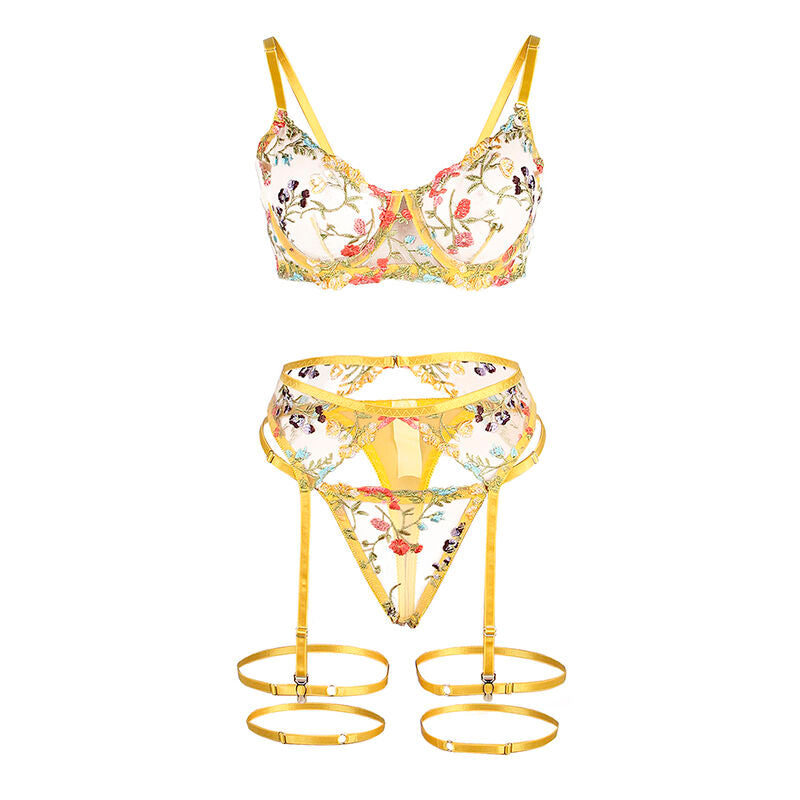 SUBBLIME - 954345 BRA + THONG + GARTER BELT FLORAL DESIGN YELLOW S/M - 1