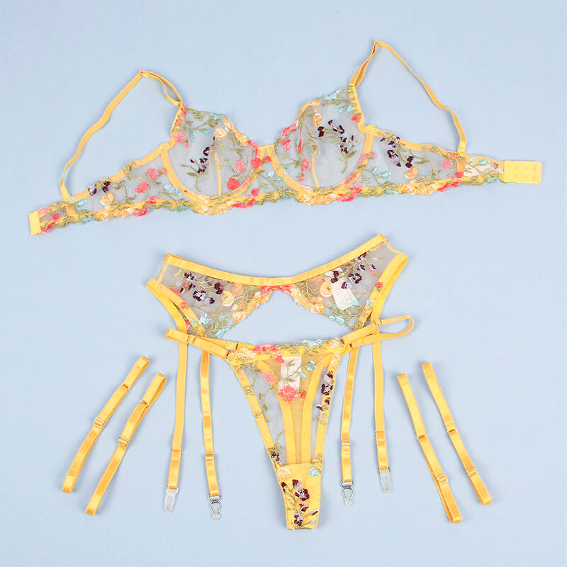 SUBBLIME - 954345 BRA + THONG + GARTER BELT FLORAL DESIGN YELLOW S/M - 12