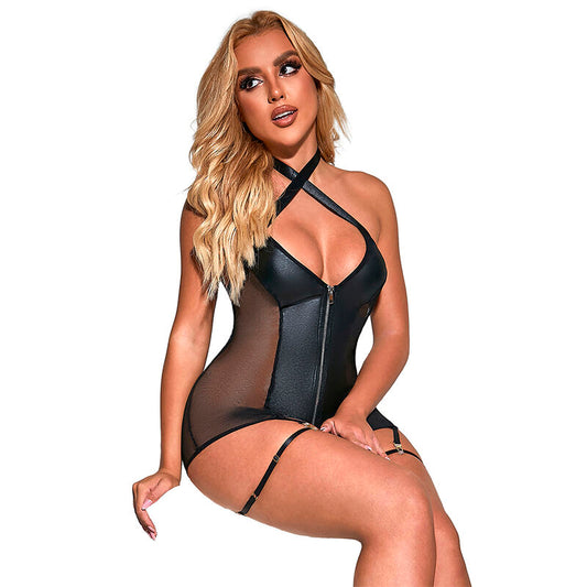 SUBBLIME - 954444 SEXY BLACK LEATHER MESH DRESS S/M
