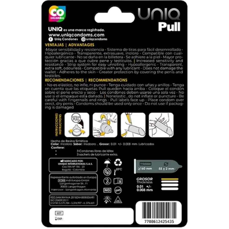 UNIQ - PULL LATEX FREE CONDOMS WITH STRIPS 3 UNITS - 3