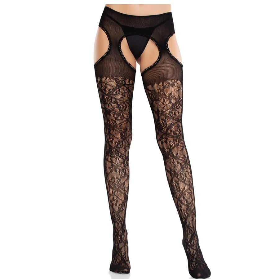 LEG AVENUE - UNITED BLACK FLORAL LACE STOCKINGS WITH GARTERS