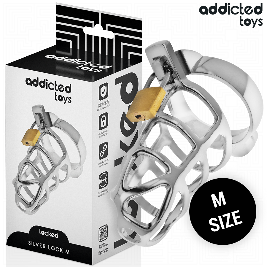 ADDICTED TOYS LOCKED - SILVER LOCKABLE PENIS CAGE SIZE M