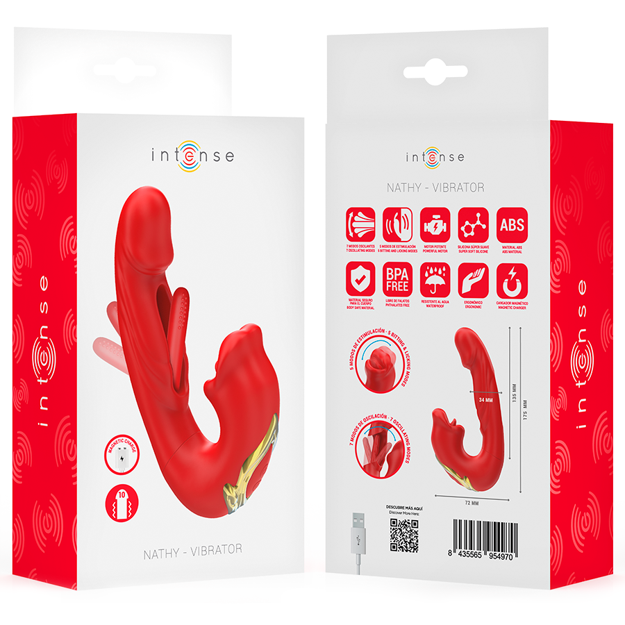 INTENSE - NATHY DOUBLE VIBRATOR WITH MULTIFUNCTIONAL STIMULATING MOUTH (RED)
