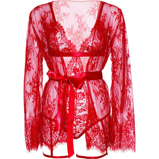 LEG AVENUE - 86123 SET VESTAGLIA TEDDY + GIARRETTIERA ROSSO TAGLIA S