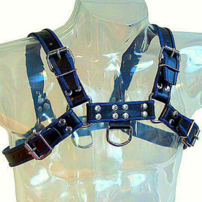 LEATHER BODY - BLUE AND BLACK LEATHER HARNESS FOR BULLDOG