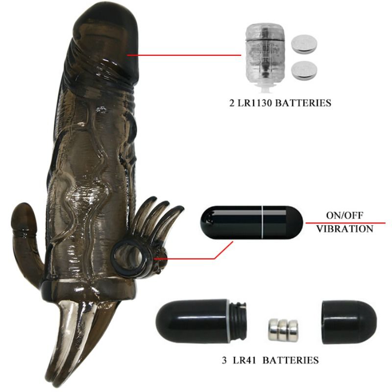 BAILE - BRAVE MAN PENIS COVER WITH CLIT AND ANAL STIMULATION DOUBLE BULLET BLACK 16.5 CM - 3