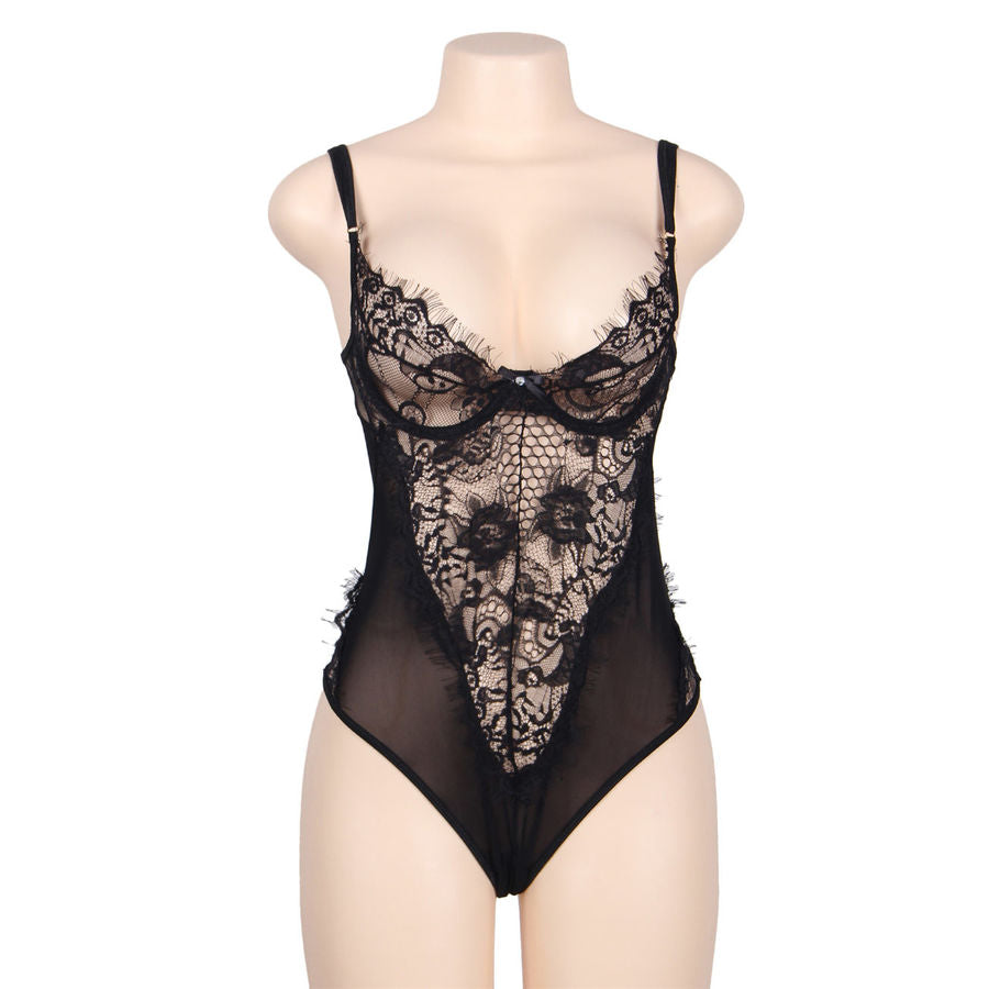 SUBBLIME - QUEEN PLUS FLORAL LACE AND FRINGED BLACK TEDDY - 1