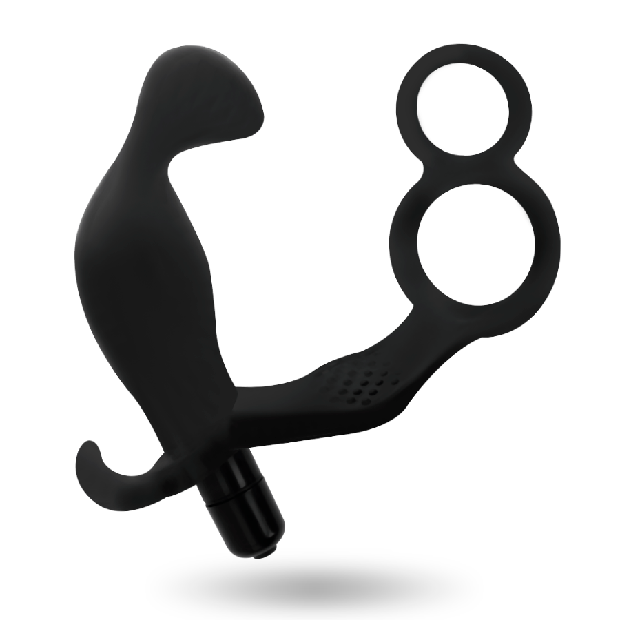 ADDICTED TOYS - ANAL PLUG WITH DOUBLE PENIS RING AND TESTICLES BLACK - 1