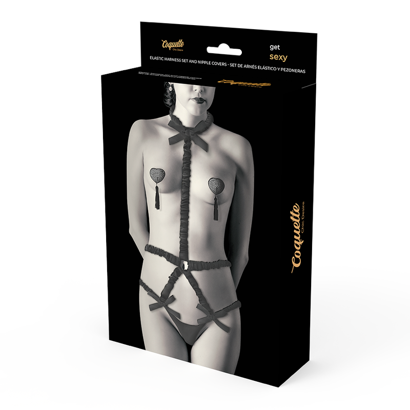 COQUETTE CHIC DESIRE - ELASTIC HARNESS SET AND NIPPLE COVERS BLACK - 2