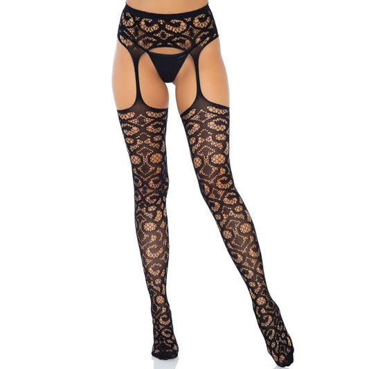 LEG AVENUE - SCROLL LACE GARTER BELT STOCKINGS ONE SIZE - 1