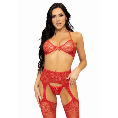 LEG AVENUE - THREE PIECES SET BRA, STRING AND STOCKING ONE SIZE - RED - RED - 4