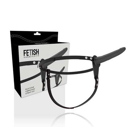 FETISH SUBMISSIVE HARNESS - 15CM BLACK SILICONE VIBRATOR