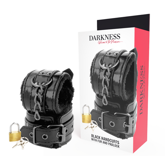 DARKNESS - BLACK ADJUSTABLE LEATHER HANDCUFFS WITH PADLOCK - 1