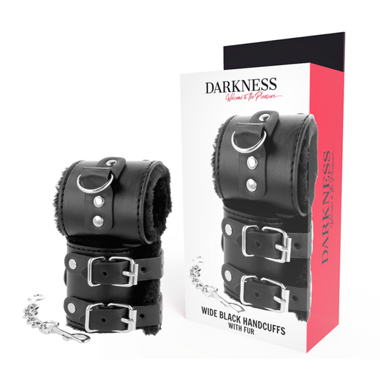 DARKNESS - BLACK ADJUSTABLE LEATHER HANDCUFFS WITH LINING - 1