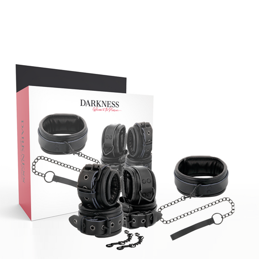 DARKNESS - BLACK LEATHER HANDCUFFS AND COLLAR - 1