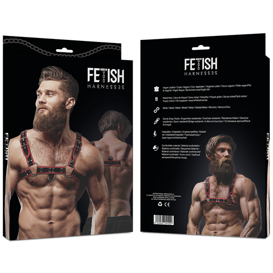 ATTEGGIAMENTO SOTTOMESSO FETISH - IMBRACATURA PETTORALE IN ECOPELLE DA UOMO NERA/ROSSA