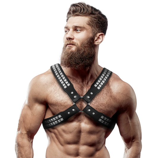 FETISH SUBMISSIVE ATTITUDE - MENS CROSSED CHEST ECO-LEATHER HARNESS WITH RIVETS - 1