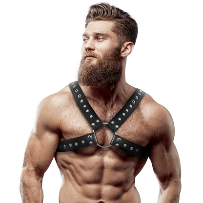 FETISH SUBMISSIVE ATTITUDE - MENS CROSS-OVER ECO-LEATHER CHEST HARNESS WITH STUDS - 1
