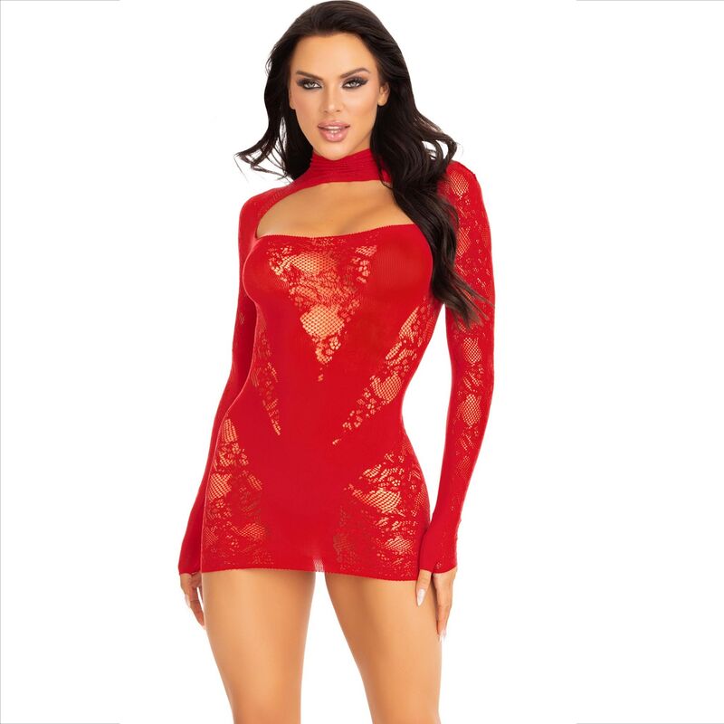 LEG AVENUE - MINI DRESS WITH LACE LONG SLEEVE RED - 6