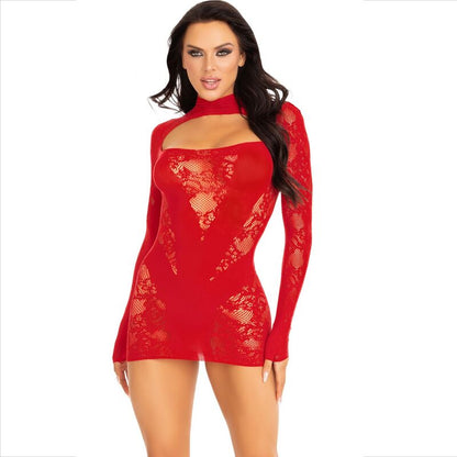 LEG AVENUE - MINI DRESS WITH LACE LONG SLEEVE RED - 6