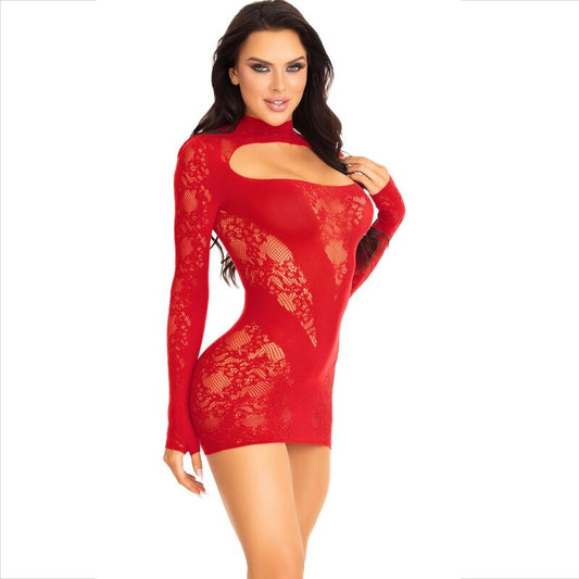 LEG AVENUE - MINI DRESS WITH LACE LONG SLEEVE RED - 1
