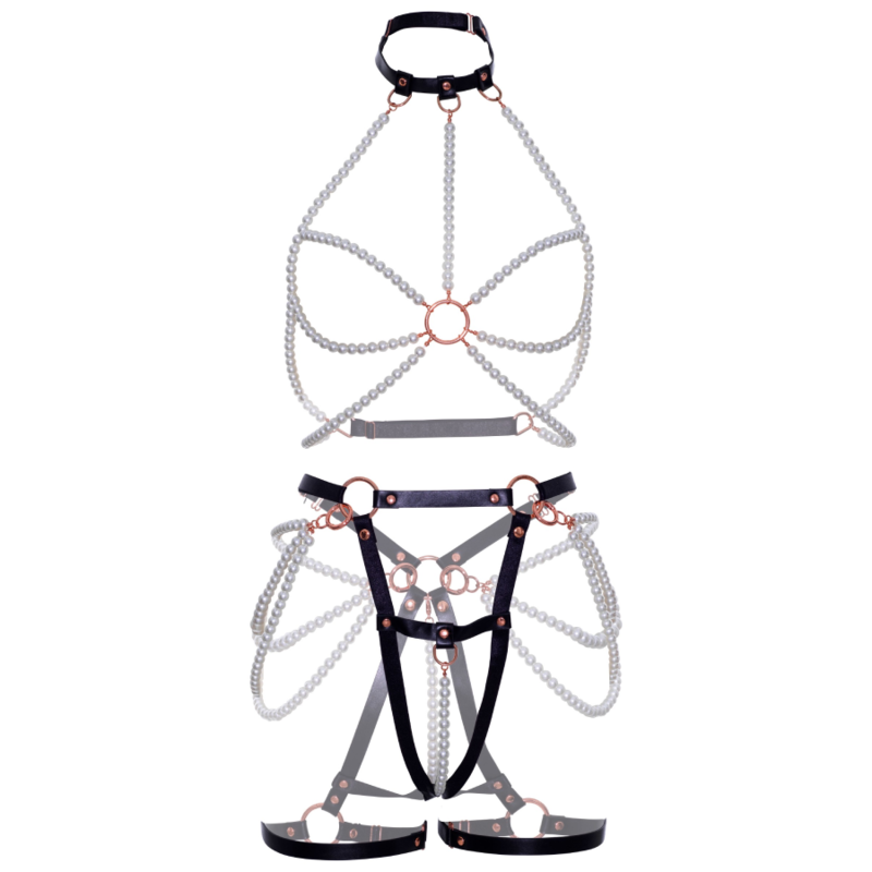 LEG AVENUE - HARNESS BRA & PEARL GARTER L - 6