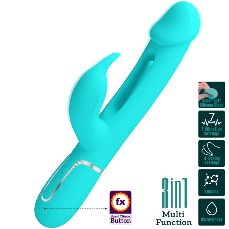 PRETTY LOVE - KAMPAS RABBIT 3 IN 1 MULTIFUNCTION VIBRATOR WITH TONGUE AQUA GREEN - 1