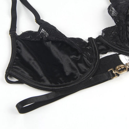 SUBBLIME - 3-PIECE SET BRA + THONG + GARTER IN BLACK LACE L/XL