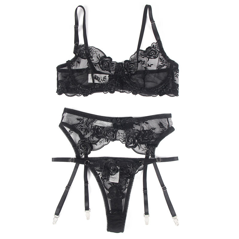 SUBBLIME - 3-PIECE SET BRA + THONG + GARTER FLORAL PRINT BLACK L/XL