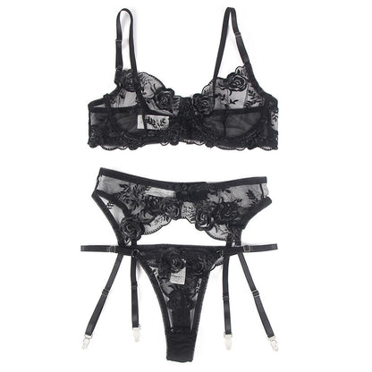 SUBBLIME - 3-PIECE SET BRA + THONG + GARTER FLORAL PRINT BLACK L/XL