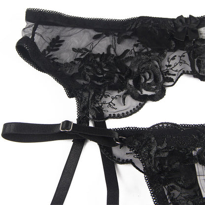 SUBBLIME - 3-PIECE SET BRA + THONG + GARTER FLORAL PRINT BLACK L/XL